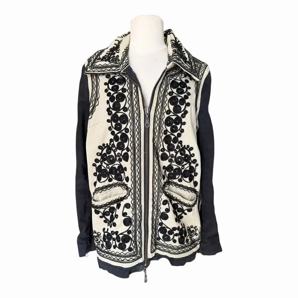 Free People Stitched Quills Embroidered Cream Black Jacket Boho Small Western